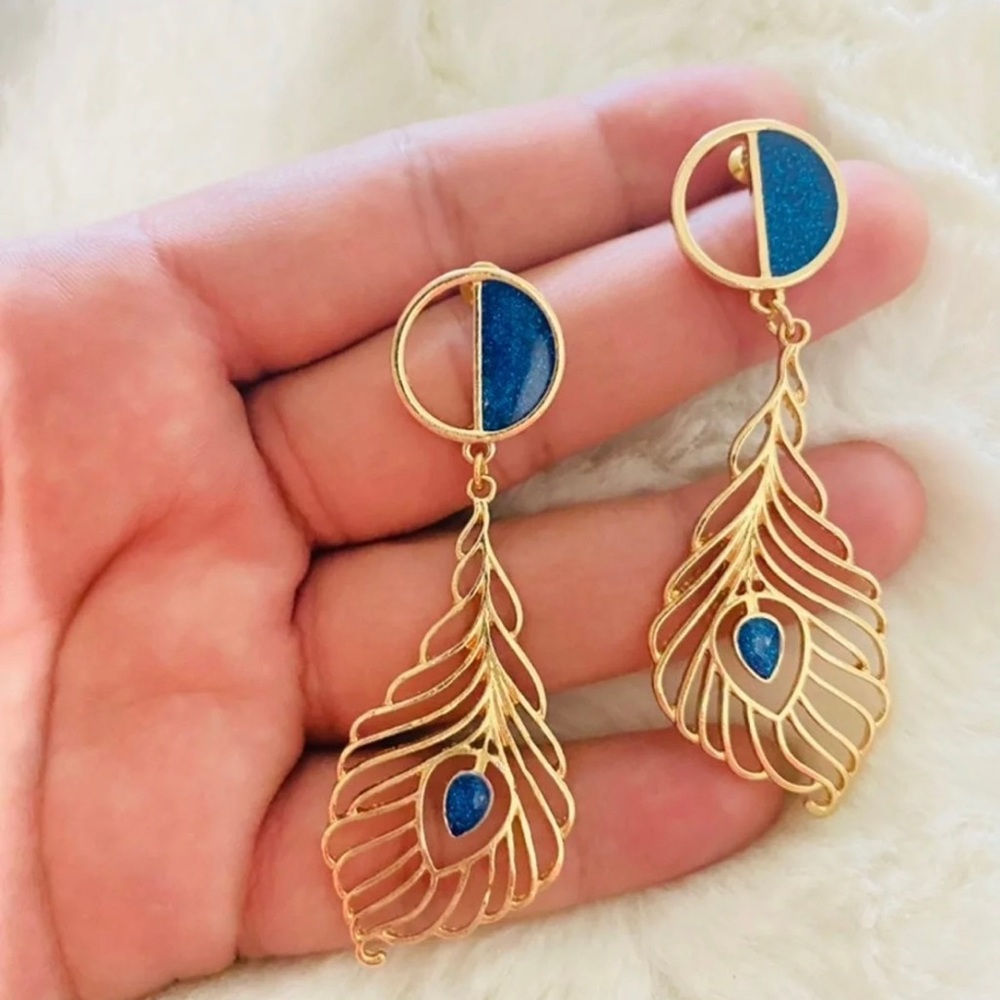 14K Gold Filled Peacock Blue Color Glitter Wing Style Dangle Earrings